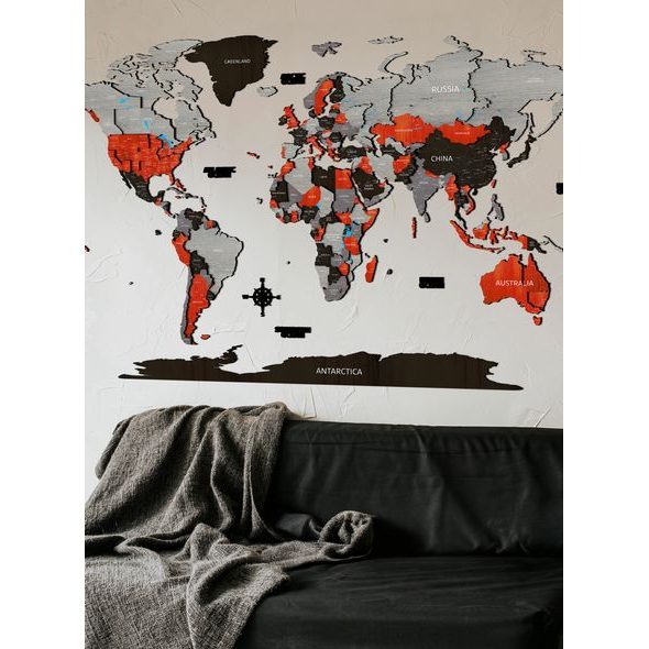 DŘEVĚNÁ MAPA SVĚTA ČERVENÁ