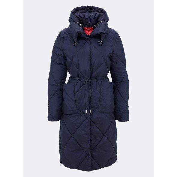 Dámská dlouhá prošívaná bunda s kapucí tmavě modrá