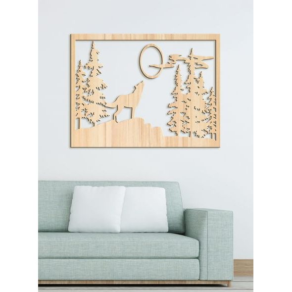 Dřevěný obrázek na stěně vlk