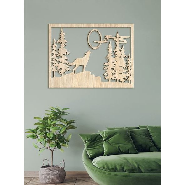Dřevěný obrázek na stěně vlk