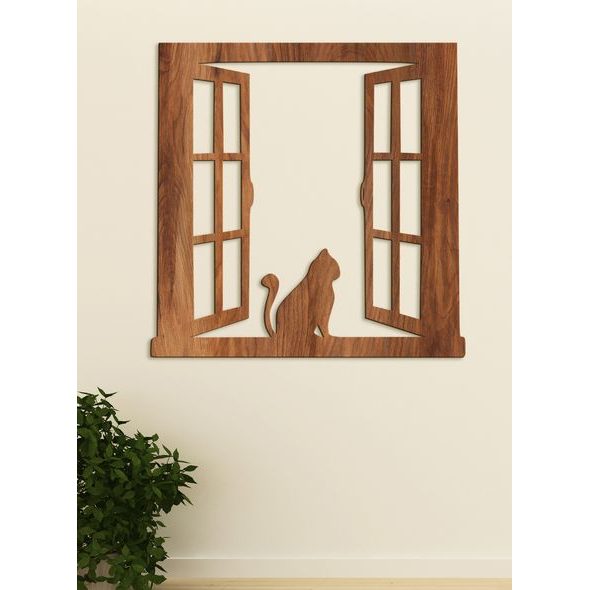 Dřevěný obrázek siluety kočky na okně