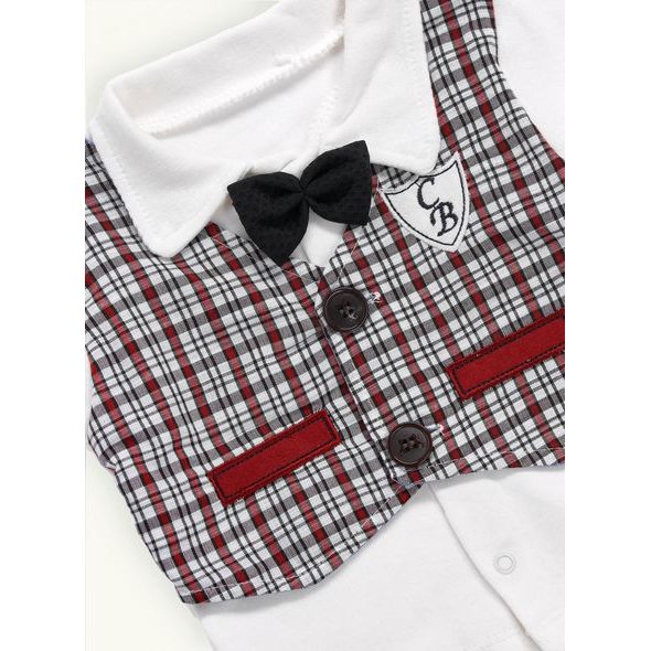 Dvojdielne dupačky s všitou károvanou vestičkou a čiapkou červené