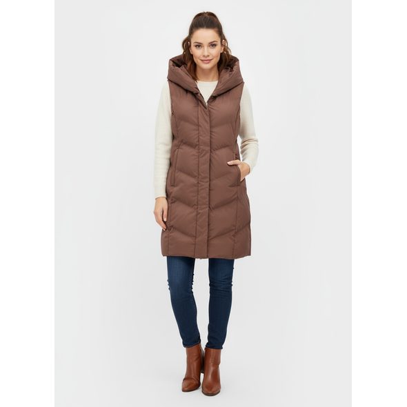 DÁMSKÁ PROŠÍVANÁ VESTA S KAPUCÍ HNĚDÁ