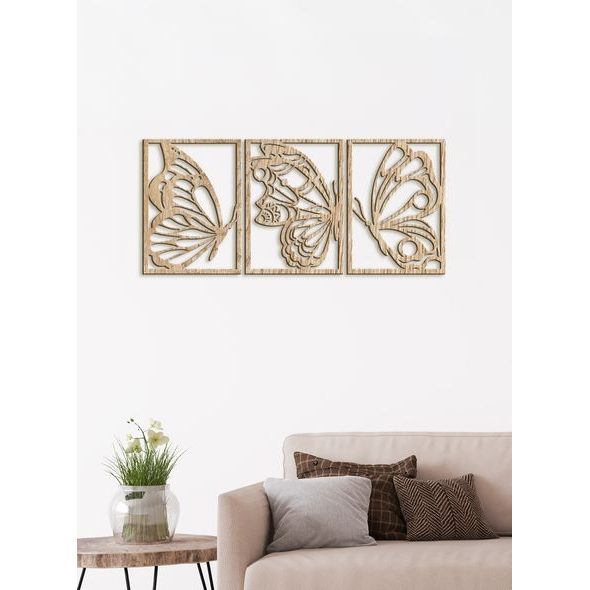 Třídílný dřevěný obrázek motýlů