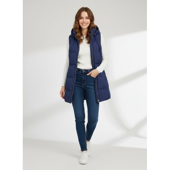 DÁMSKÁ PROŠÍVANÁ VESTA S KAPUCÍ TMAVĚ MODRÁ