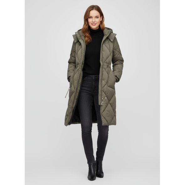 DÁMSKÁ DLOUHÁ PROŠÍVANÁ BUNDA S KAPUCÍ OLIVOVÁ