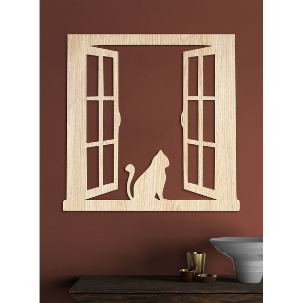 DŘEVĚNÝ OBRÁZEK SILUETY KOČKY NA OKNĚ