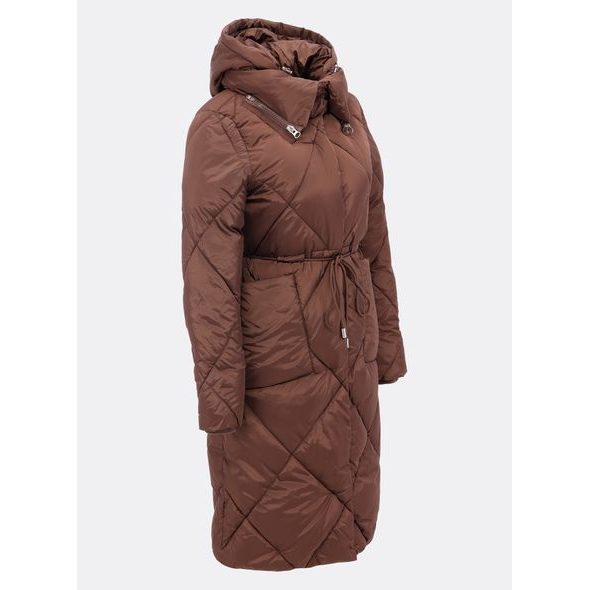 Dámská dlouhá prošívaná bunda s kapucí hnědá
