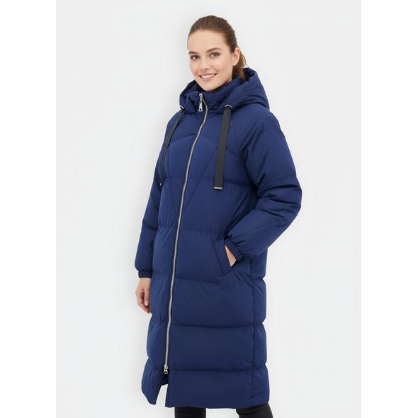 DÁMSKA DLHÁ  ZIMNÁ BUNDA S KAPUCŇOU TMAVOMODRÁ