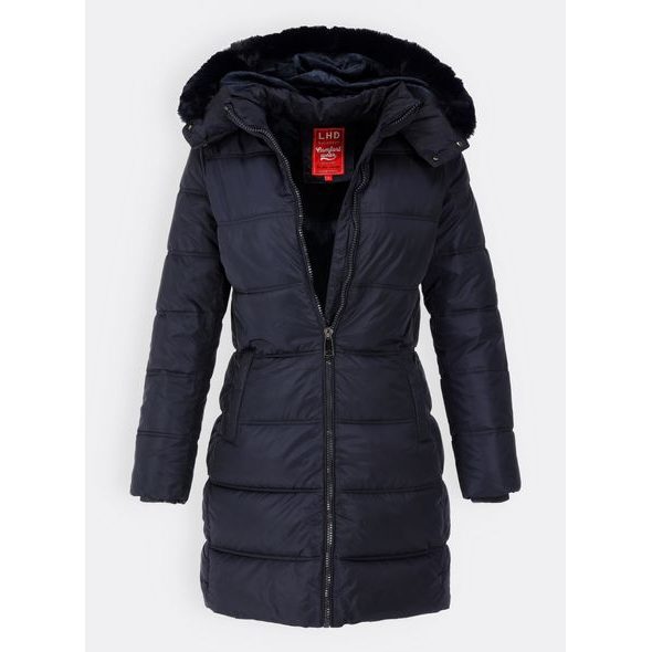 Dámska prešívaná zimná bunda s kapucňou tmavomodrá