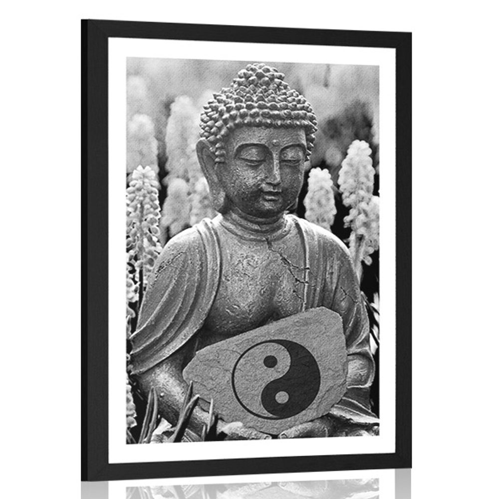 Plakát s papsartou jin a jang Buddha v černobílém provedení