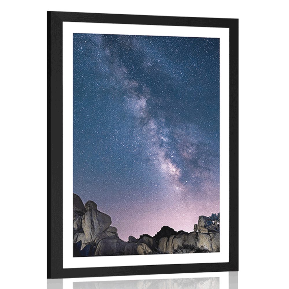 Plakát s paspartou hvězdná obloha nad skalami