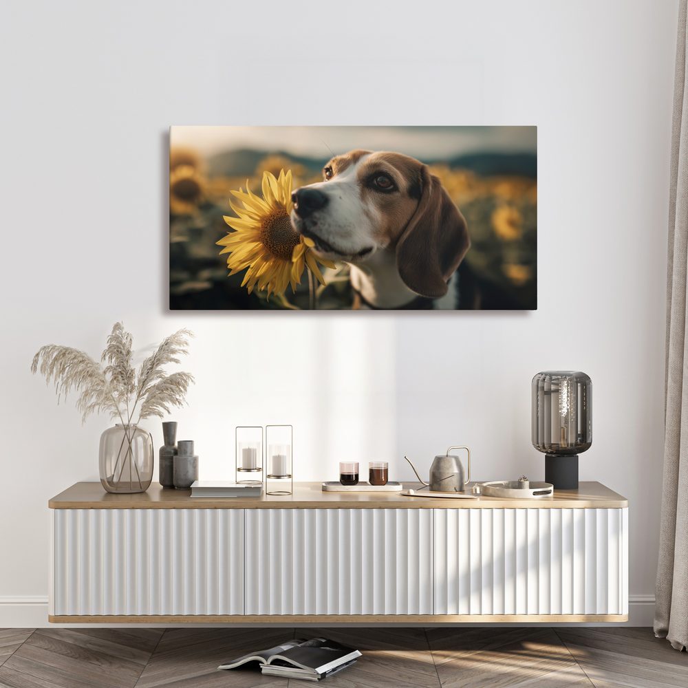 Obraz beagle so slnečnicou