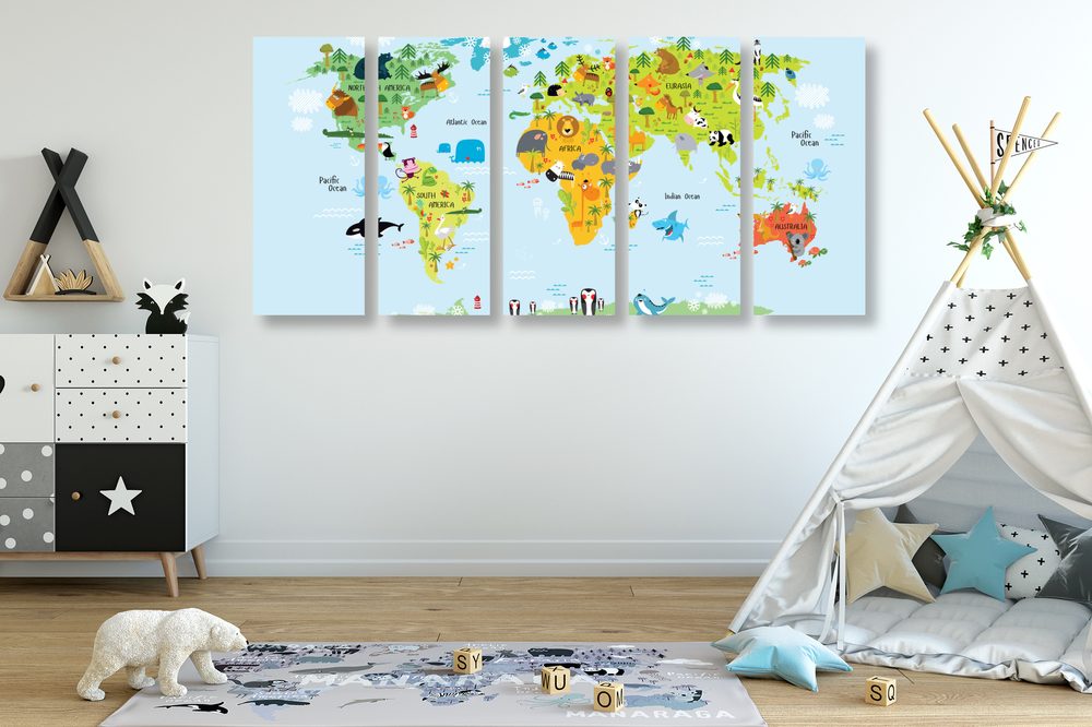 E-shop 5-dielny obraz detská mapa sveta so zvieratkami