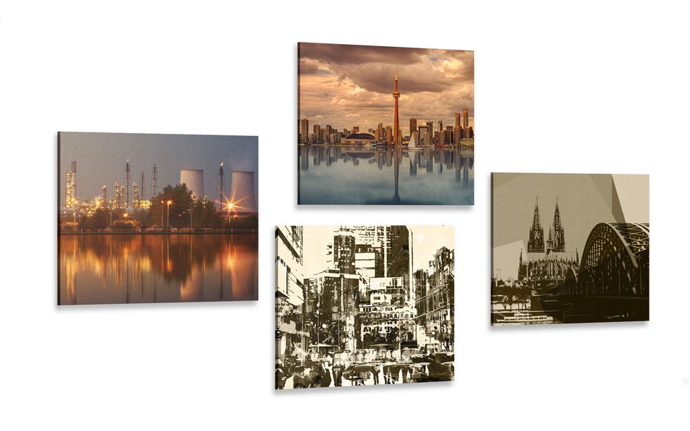 Set obrazů průmyslové město s abstrakcí