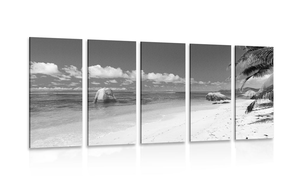 5-dielny obraz pláž Anse Source v čiernobielom prevedení - 100x50