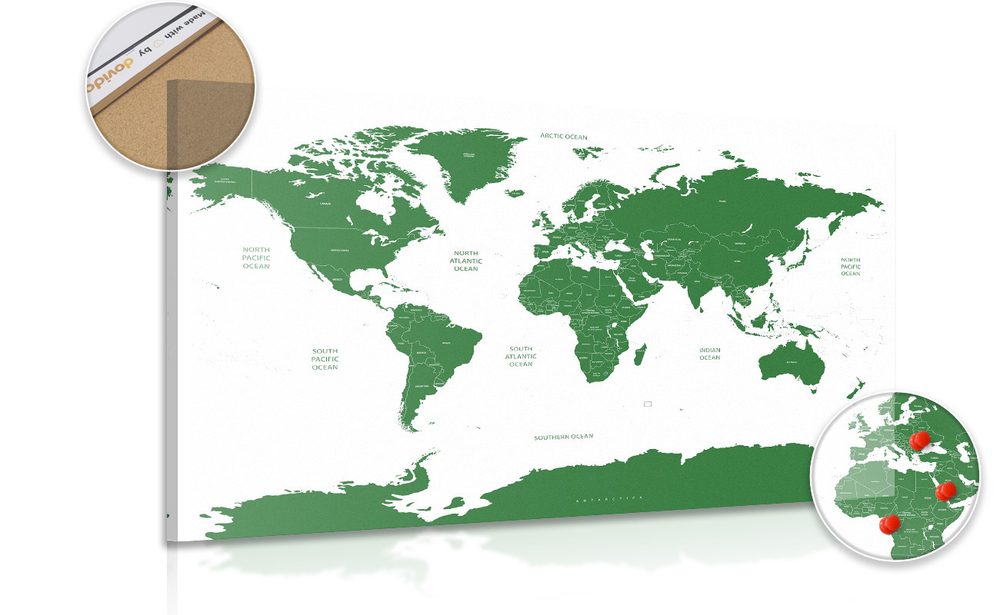 Obraz na korku mapa sveta s jednotlivými štátmi v zelenej farbe - 120x80  peg