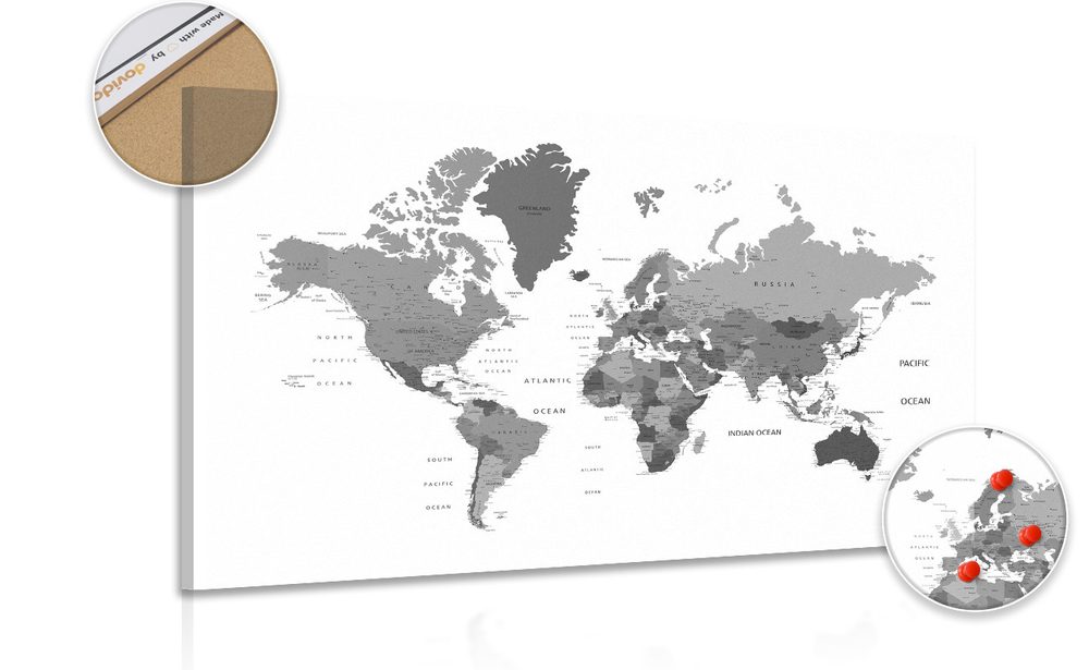 Obraz na korku mapa sveta v čiernobielej farbe - 90x60