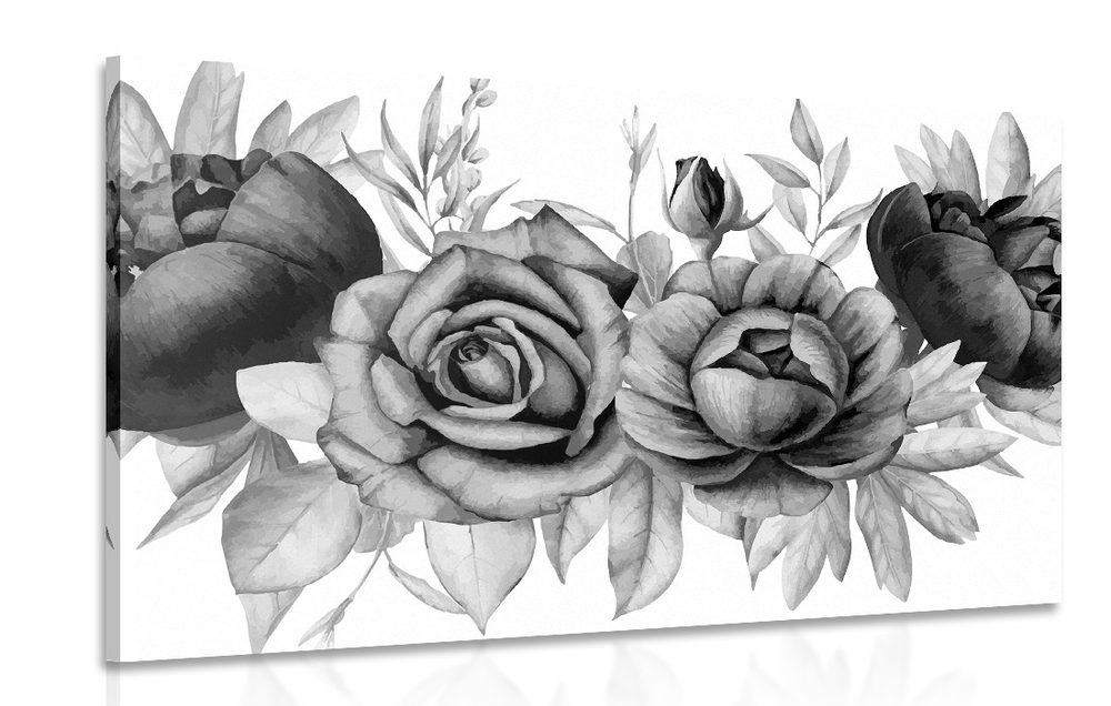 Obraz okúzľujúca kombinácia kvetov a listov v čiernobielom prevedení