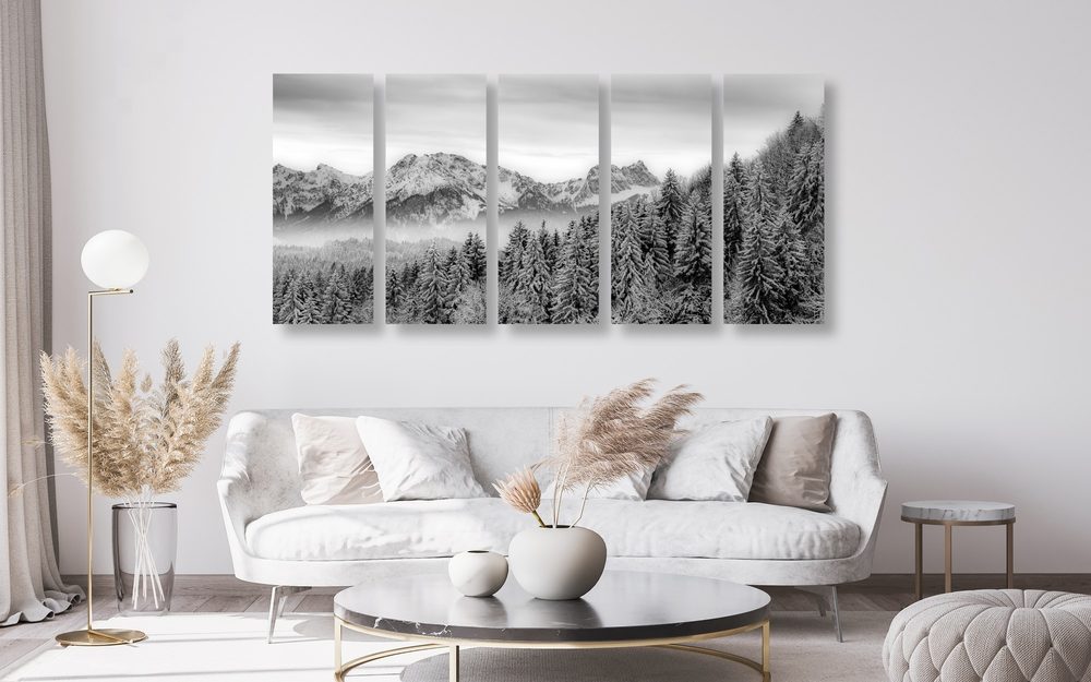 E-shop 5-dielny obraz zamrznuté hory v čiernobielom prevedení