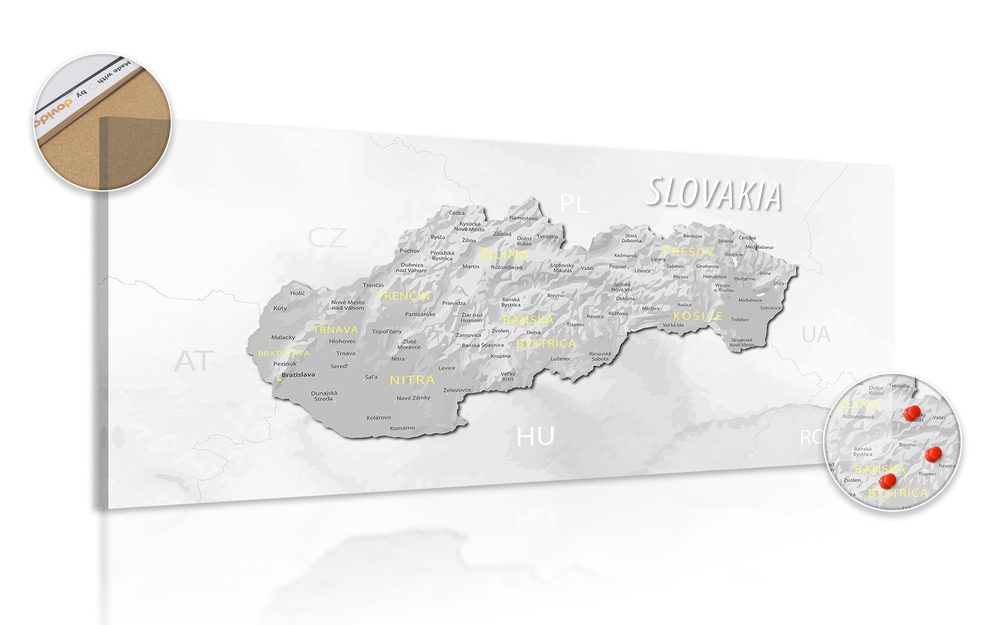 Obraz na korku decentná šedo-žltá mapa Slovenska