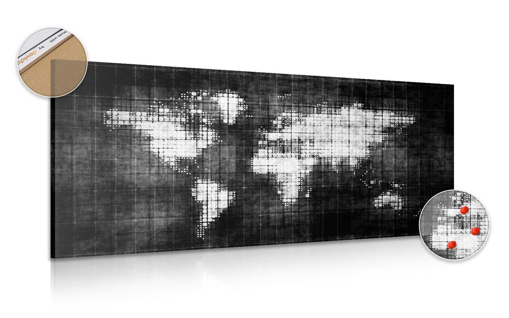 Obraz na korku svet na mape v čiernobielom prevedení - 120x60  peg