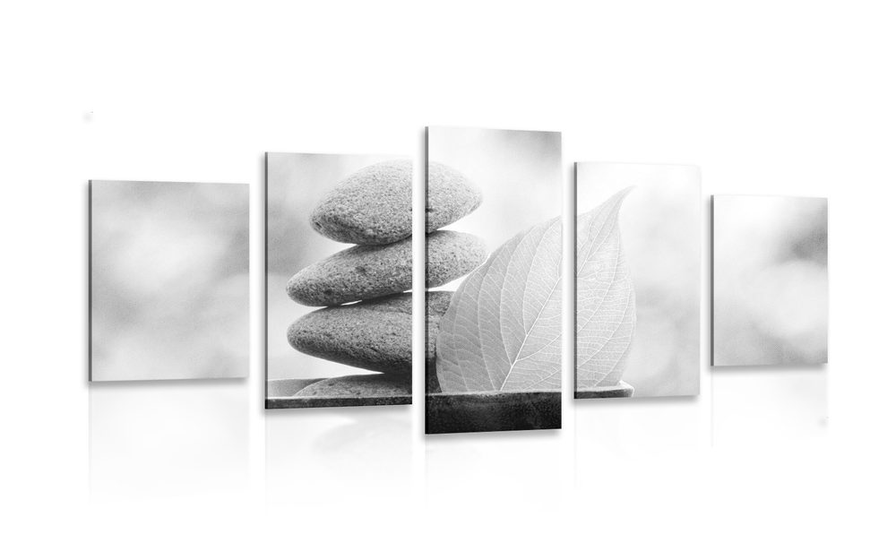 5-dílný obraz Zen kameny a list v misce v černobílém provedení