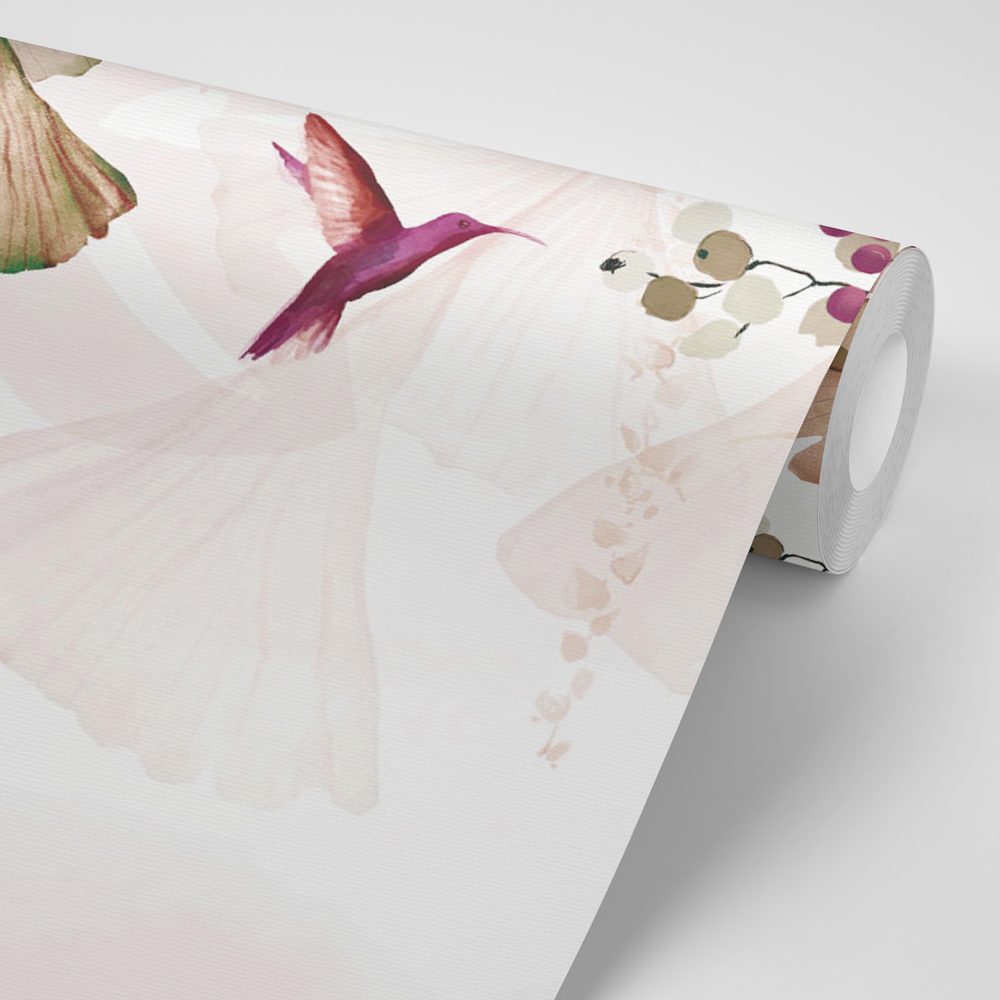 E-shop Tapeta listy s kolibríkmi v hnedo-ružovom