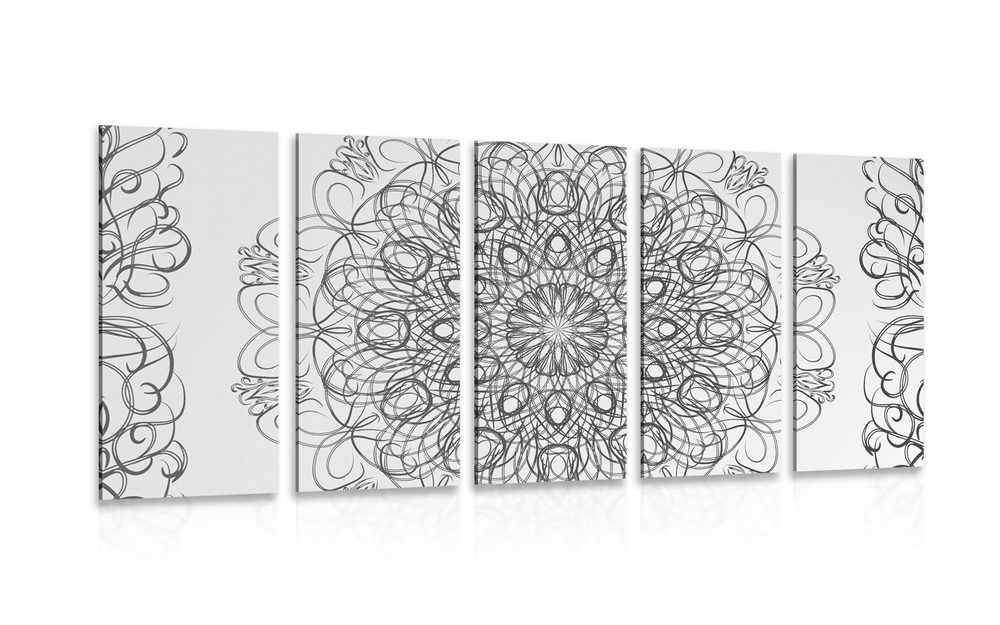 5-dílný obraz abstraktní květinová Mandala v černobílém provedení