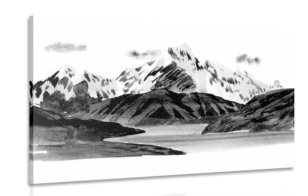 Obraz krásna horská krajina v čiernobielom prevedení