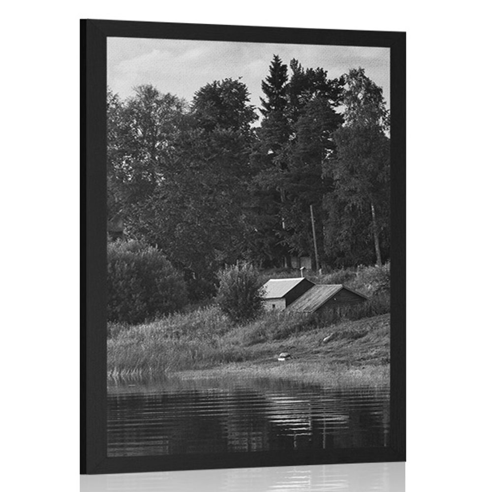 Plakát pohádkové domky u řeky v černo bílém provedení