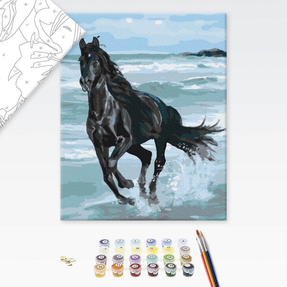 Levně Malování podle čísel černý kůň na pláži