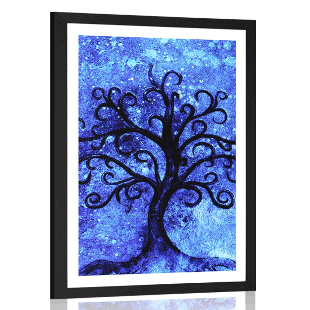 Plakát s paspartou strom života na modrém pozadí