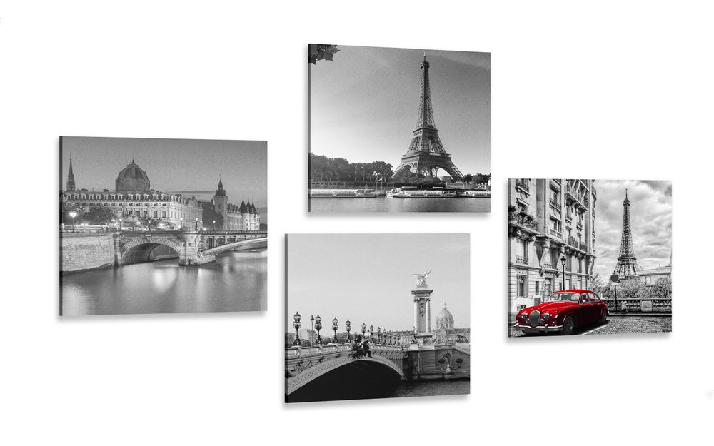 Set obrazov  Paríž s retro červeným autom