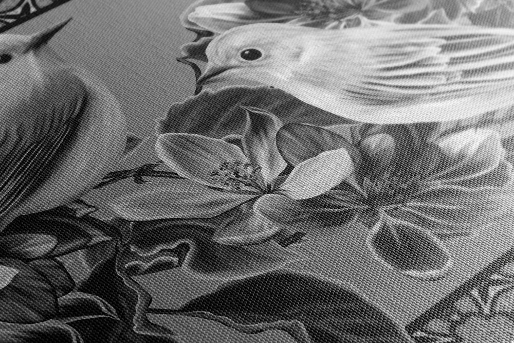 E-shop Obraz čiernobiele vtáčiky a kvety vo vintage prevedení