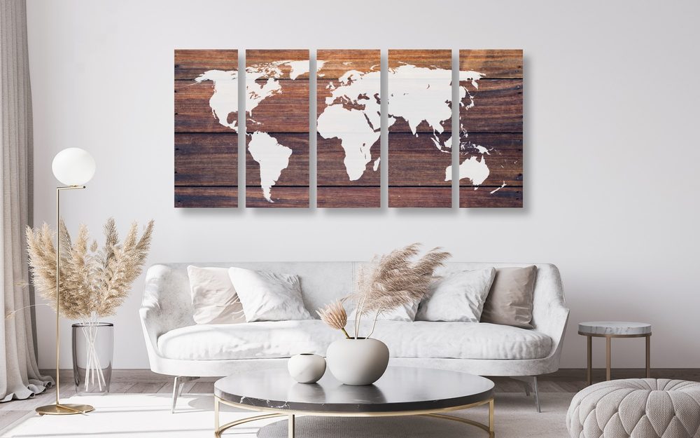 E-shop 5-dielny obraz mapa sveta s dreveným pozadím