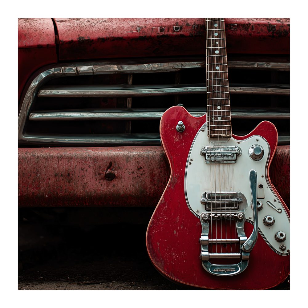 Obraz červená gitara pred autom