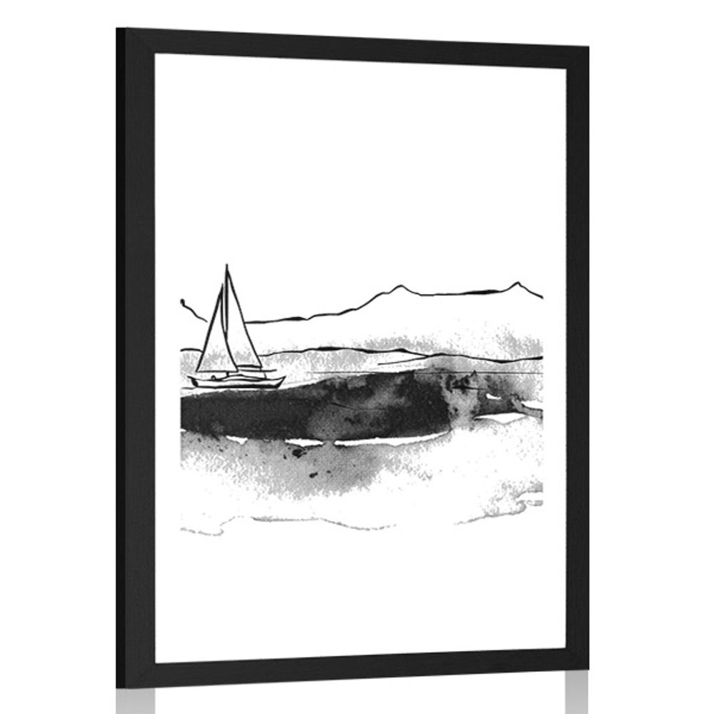 Plakát s paspartou jachta na moři v černobílém provedení