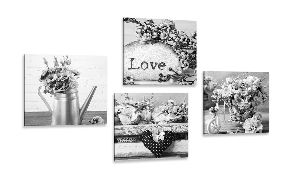 Set obrazov romantické vintage zátišie v čiernobielom
