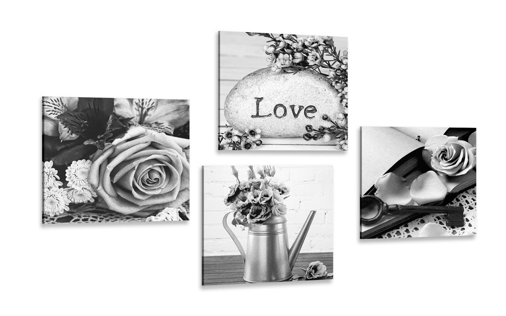 Set obrazů černobílé vintage zátiší s nápisem Love