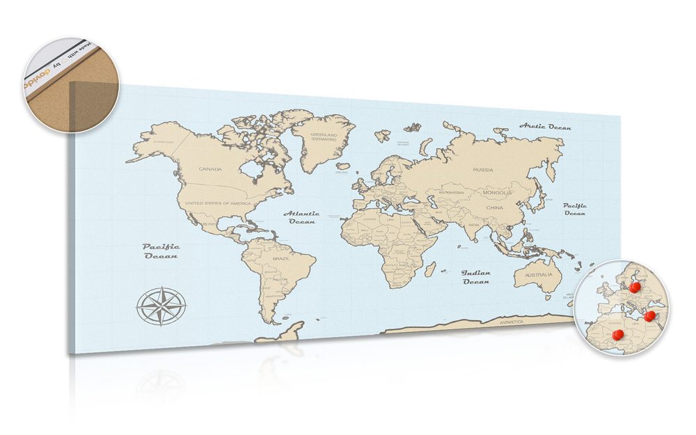 Obraz na korku béžová mapa světa na modrém pozadí