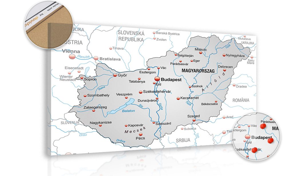 Obraz na korku šedá mapa Maďarska s kontrastom