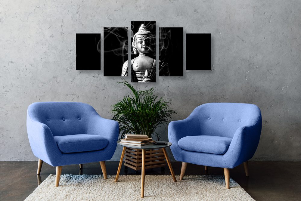 E-shop 5-dielny obraz socha Budhu v čiernobielom prevedení
