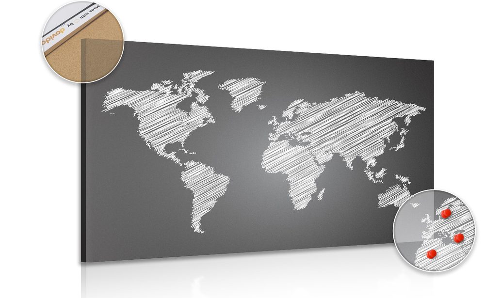 Obraz na korku šrafována mapa světa v černobílém provedení