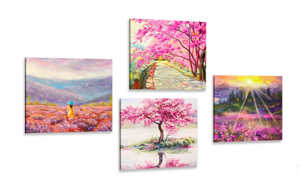 Set obrazov nádherná imitácia olejomaľby v ružovej farbe