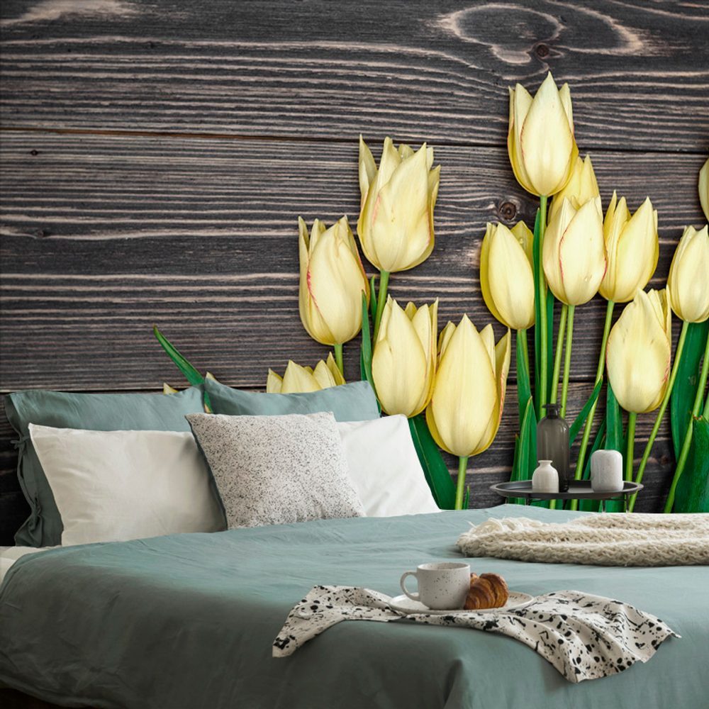 Fototapeta žluté tulipány na dřevěném podkladu - 225x150