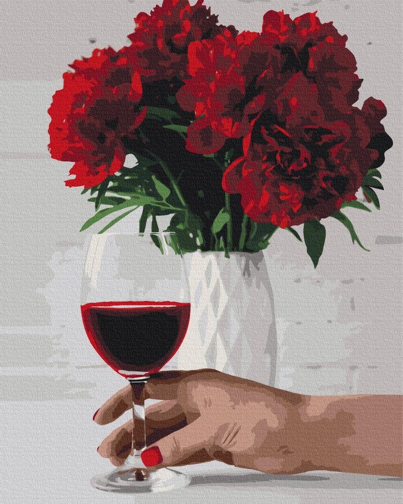 E-shop Maľovanie podľa čísiel kvety pivoniek s pohárom vína