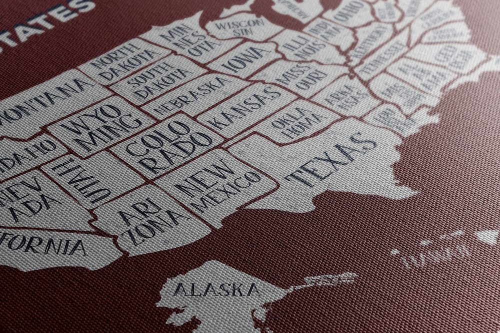 E-shop Obraz náučná mapa USA s bordovým pozadím