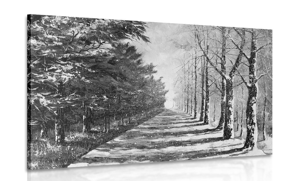 Obraz podzimní alej stromů v černobílém provedení - 120x80