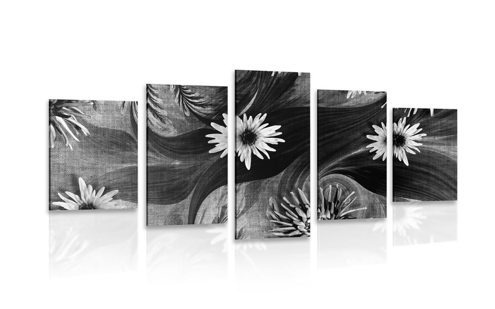 5-dielny obraz kvety na čiernobielom pozadí